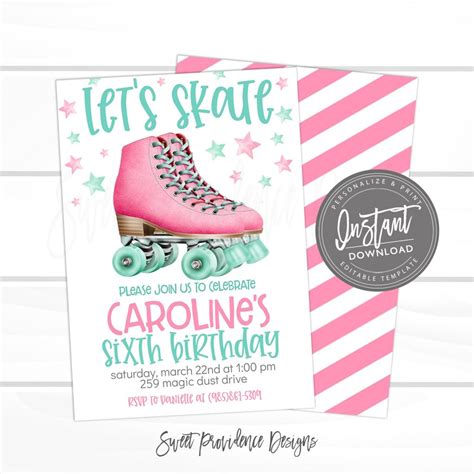 Lets Skate Invitation Skating Birthday Invite Girl Roller Skate