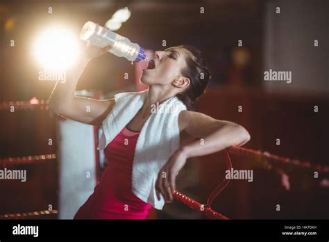 Female Boxer Drinking Water In Boxing Ring Stock Photo Alamy