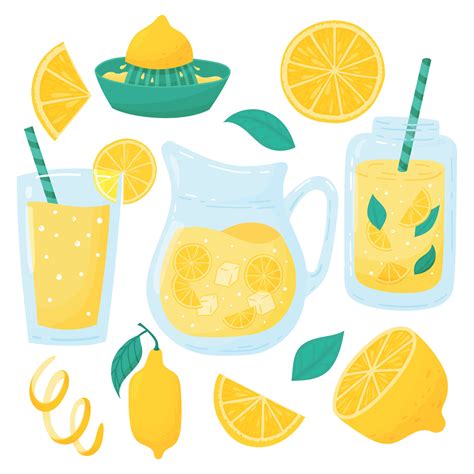 Cartoon Lemonade Set Lemonade In Jar Mint Cocktails Pitcher Drinks With Straw Lemon Slice