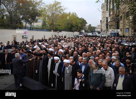 Tehran, Iran. 13th Oct, 2023. Iranian mourners say prayer during a