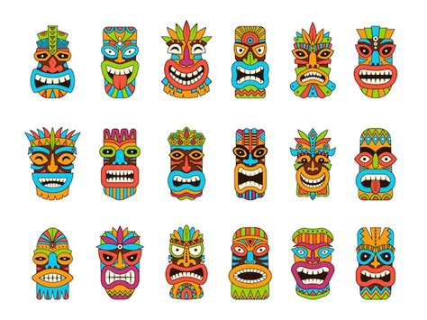 Máscaras Tiki Tribal Havaí Totem Africanos Tradicionais Símbolos De Madeira Ilustrações