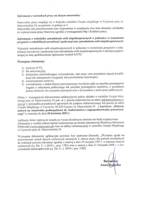 Burmistrz Czyżewa ogłasza nabór na wolne stanowisko urzędnicze w