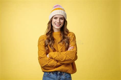 Confident Relaxed Attractive Outgoing Caucasian 20s Woman Wearing Hat Stylish Sweater Cross Arms