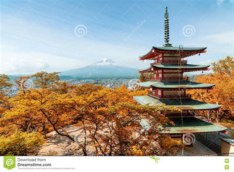 Beuatiful Autumn In Japan At Red Pagoda With Mt Fuji Stock Image