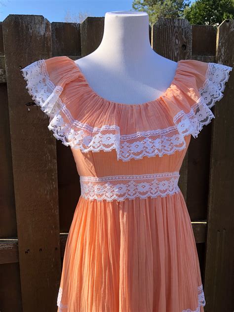 1970s Peach Prairie Dress 70s Boho Maxi 1970s Prom Dress By