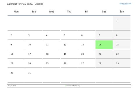 May 2022 Calendar With Holidays In Liberia Print And Download Calendar