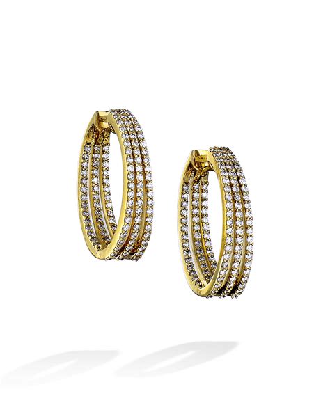 Yellow Gold And Diamond Row Inside And Out Oval Hoop Earrings