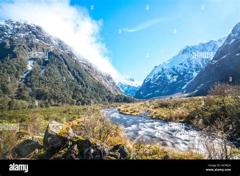 Water Stream With Snow Mountain At Monkey Creek New Zealand Stock