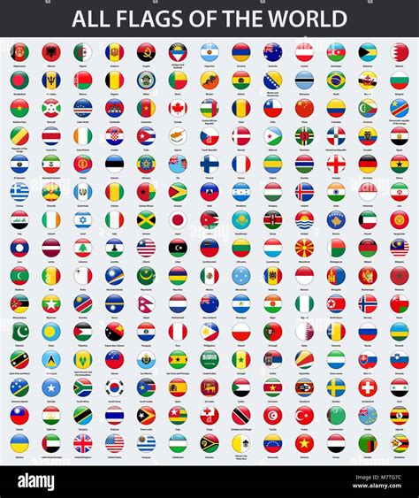 All Flags Of The World In Alphabetical Round Circle Glossy Style Stock