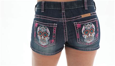 Cowgirl Tuff Womens Embroidered Colorful Skull Shorts Shskll Cowgirl Tuff Colorful Skulls
