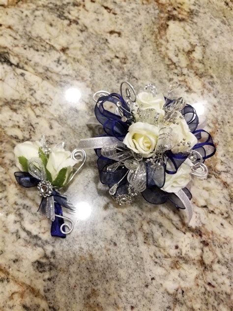 Navy Blue And Silver Prom Corsage Set From Hen House Designs