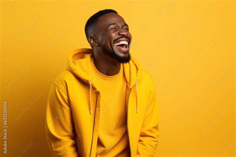 Man Laughing Black Man Studio Background Yellow Joy Fun Happiness Stock