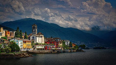 Church Under Cloudy Sky Alps Brissago Building Along With Lake And