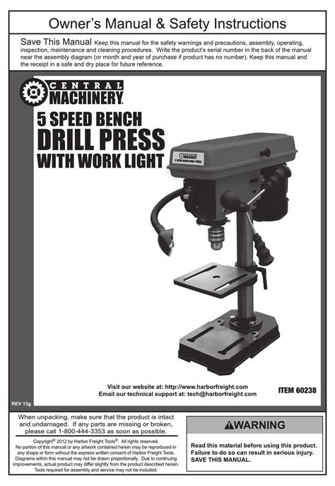 Central Machinery Speed Bench Drill Press With Work Light Owner S