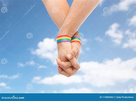 Hands Of Couple With Gay Pride Rainbow Wristbands Stock Image Image Of Blue Marriage 115884963