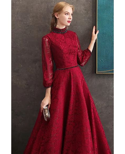 Retro Vintage Burgundy Full Lace Long Formal Dress With 34 Sleeves