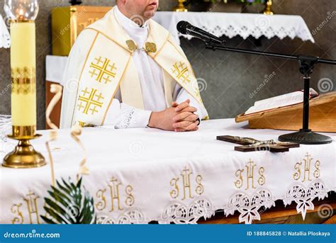 Christian Priest Standing By The Altar Stock Photo Image Of Business