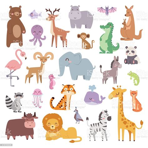 Cartoon Zoo Animals Big Set Wildlife Mammal Flat Vector Illustration