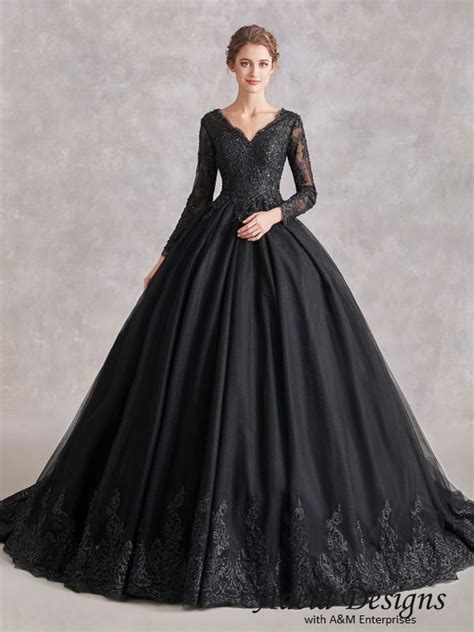 Gothic Black Ball Bridal Gown Wedding Dress Long Sleeve Lace Etsy