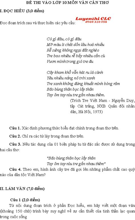 Tải tài liệu và đề thi môn toán miễn phí. Đề thi tuyển sinh vào lớp 10 môn Ngữ Văn tại Cần Thơ 2019
