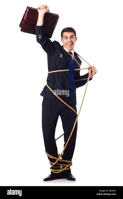 Businessman Tied Up With Rope On White Stock Photo Alamy
