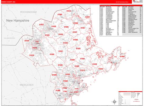 Essex County Ma Zip Code Wall Map Red Line Style By Marketmaps