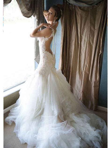 Glamorous Pearls Mermaid Wedding Dress Tulle Lace Bridal Dresses