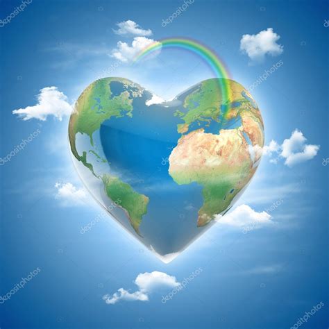 Amor Planeta 3d Concepto Corazón En Forma De Tierra Rodeada De Nubes