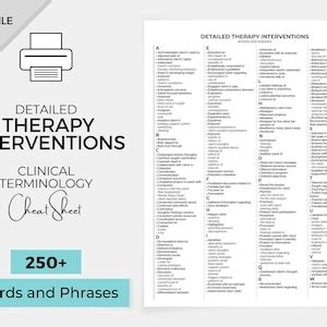 Therapy Interventions List Clinical Terms Cheat Sheet Etsy
