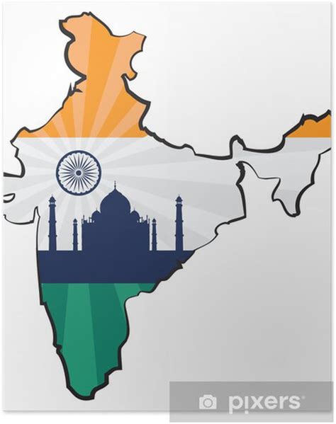 Poster Karte Von Indien Mit Flagge Und Taj Mahal Pixersat