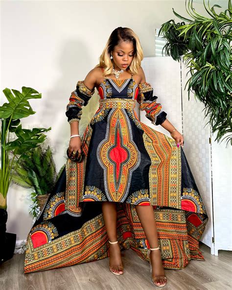 Queen Alade High Low Dress In Black And Red African Ankara Dashiki Kente Multicolored Fabric