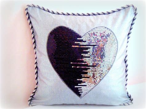 Sequin Heart Pillow Metallic Piping Cushion 20x20 By Sabdeco