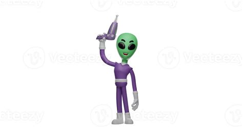 3d illustration alien 3d cartoon character alien wearing purple clothes the alien took the