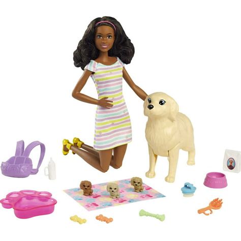 Barbie Doll And Newborn Pups Playset With Mom Dog 3 Color Change Puppies