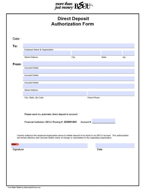 Free Printable Printable Direct Deposit Authorization Form Template
