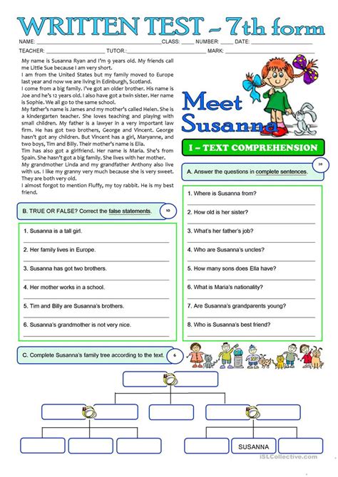 Free printable reading comprehension worksheets for grade 1 to grade 5. SUSANNA'S FAMILY - 3 page TEST - 7th grade - English ESL ...