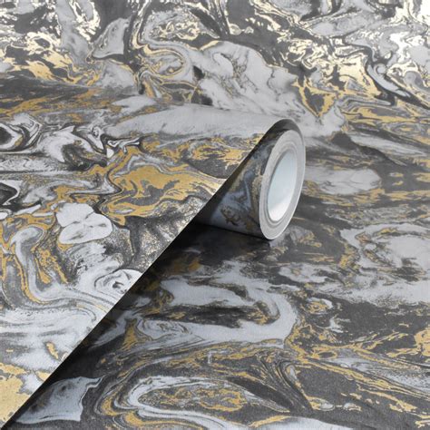 Ugepa Liquid Marble Charcoal And Gold Wallpaper L79809