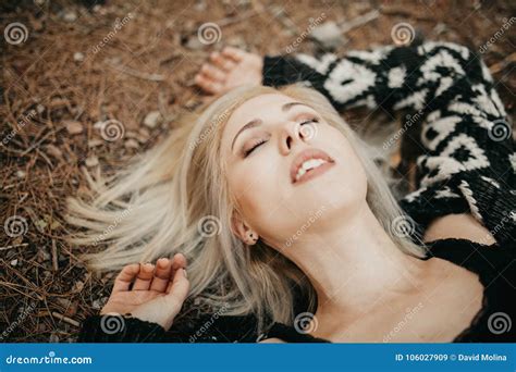 Cute Blonde Womann Lying Down On The Forest Ground Stock Image Image Of Pine Leaves 106027909
