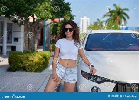 Woman Outdoors Next To Car Stock Photo Image Of Outside