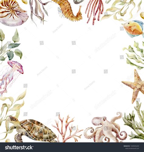 Card Sea Animals Seaweeds Corals Watercolor Stock Illustration