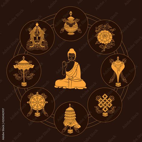 Ashtamangala Eight Auspicious Symbols Of Buddhism Golden On Brown