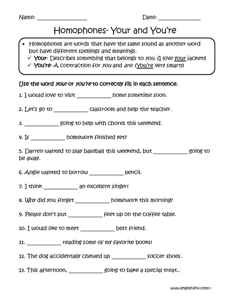 Homophones Worksheets Choosing Your Or Youre Homophones Worksheets