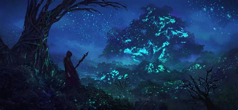 Wallpaper Trees Fantasy Art Night Blue Magic Warrior Moonlight