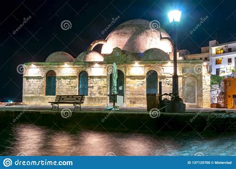 Hassan Pascha Mosque On Chania Embankment At Night Crete Island