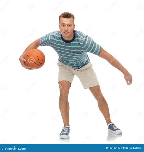 Smiling Young Man Dribbling Basketball Stock Image Image Of Sport