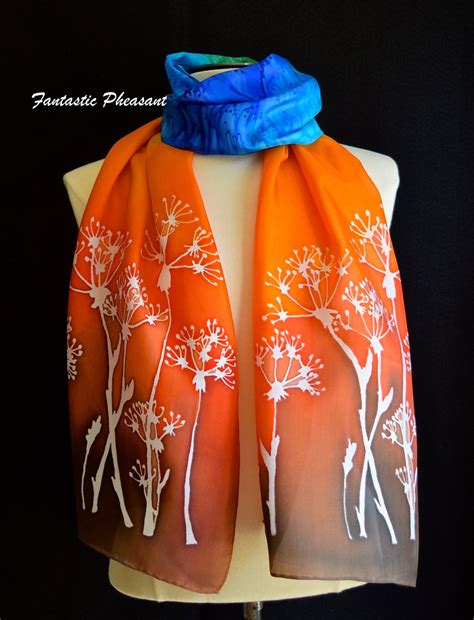 Silk Scarf Hand Painted Dandelions On A Deep Orangebrown