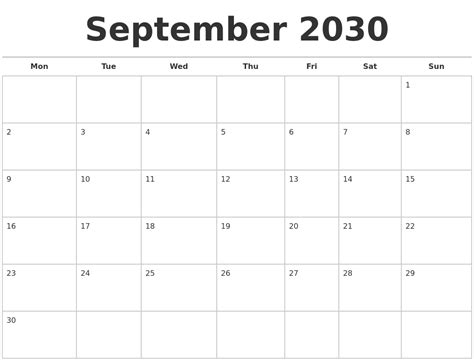 September 2030 Calendars Free