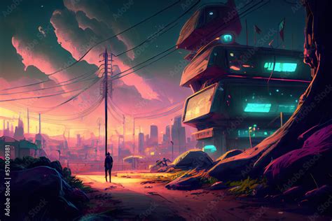 Anime Post Apocalyptic City Landscape Generative Ai Stock Illustration