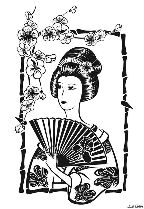 Many japanese writers, artists and musicians have taken inspiration from the beautiful blossoms and the festivities taking place under. Japan geisha with fan - Japan Adult Coloring Pages