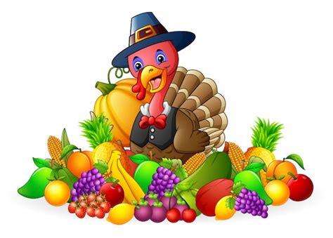 Thanksgiving Day Turkey With Fruits And Vegetables Vector Premium